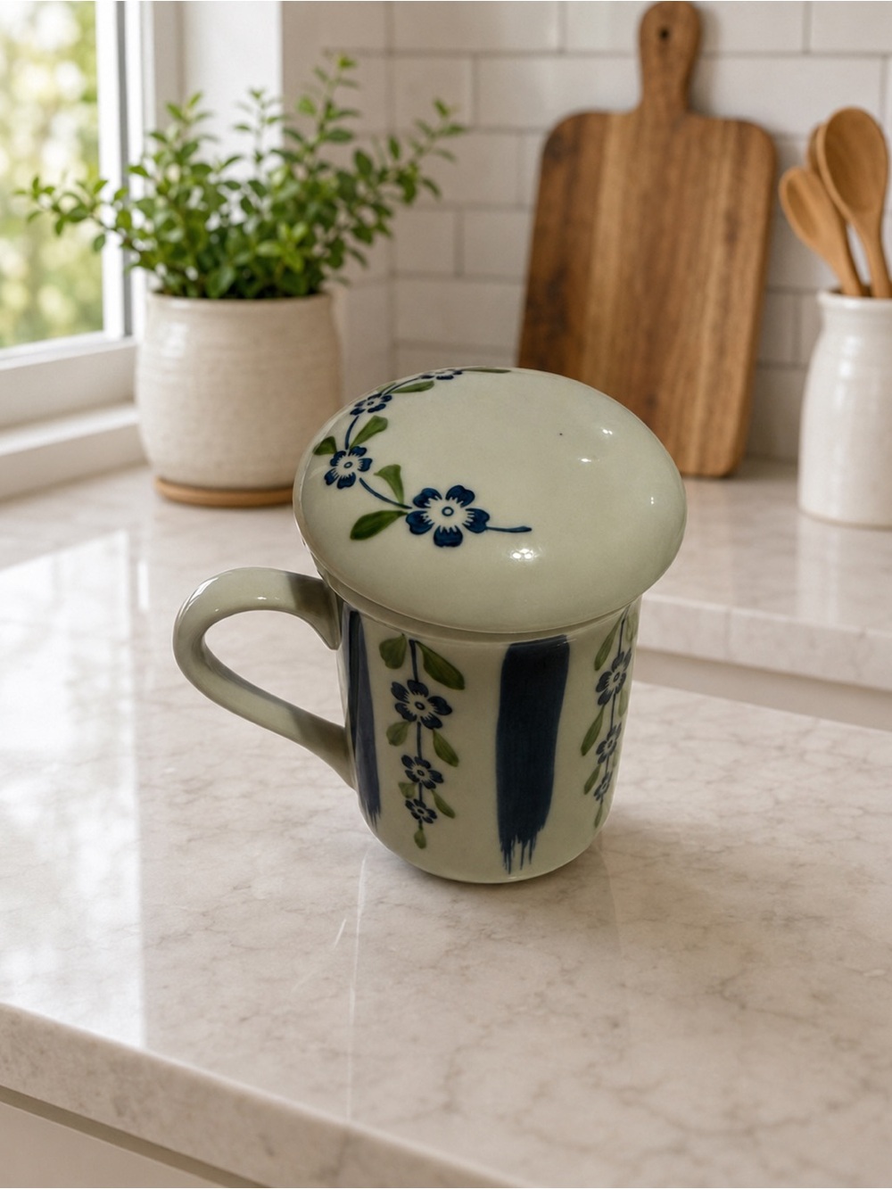 Ceramic Tea Infuser Mug with Lid & Removable Strainer Blue Floral Tea Cup